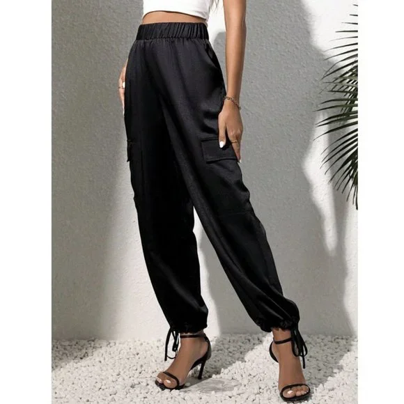 Luxe Look Satin Pocketed Joggers - Black - Picture 2 of 6